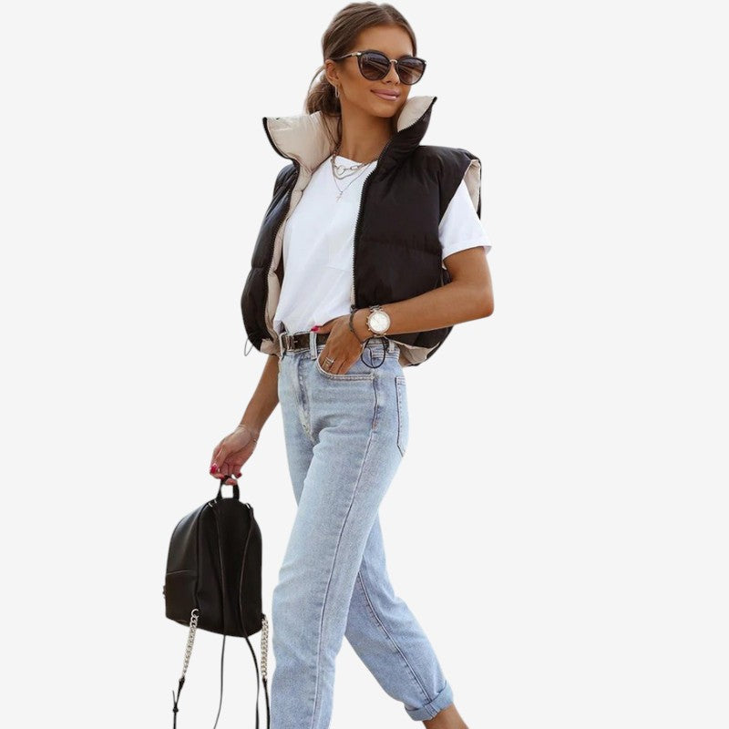 Veste Élégante Courte sans Manches à Col Haut