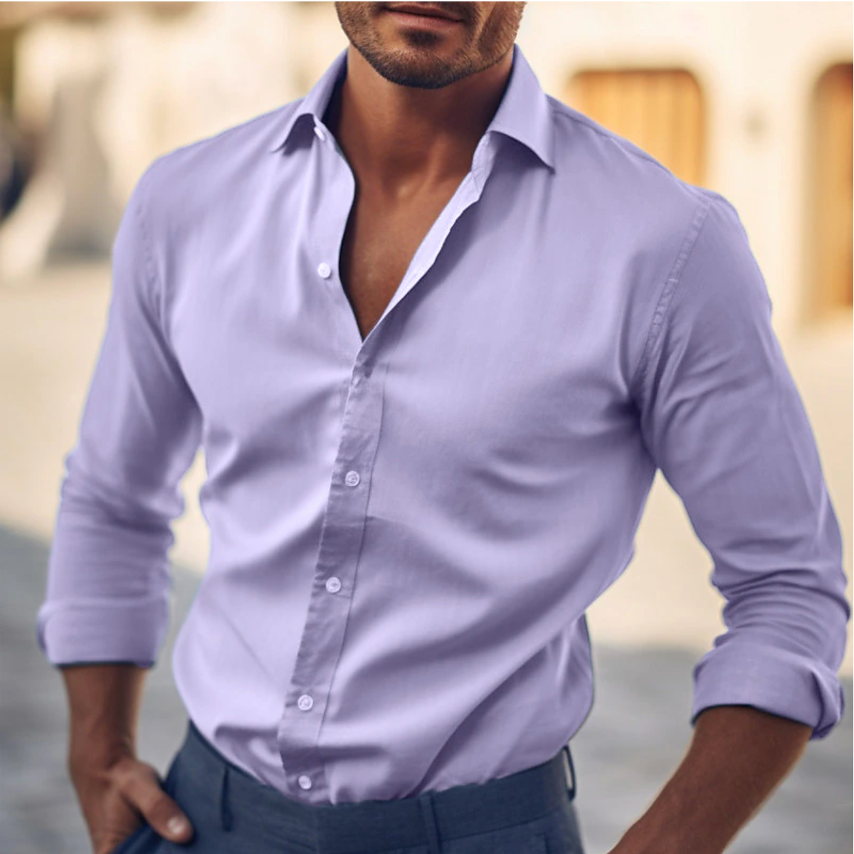 Chemise homme décontractée bleu ciel à manches longues