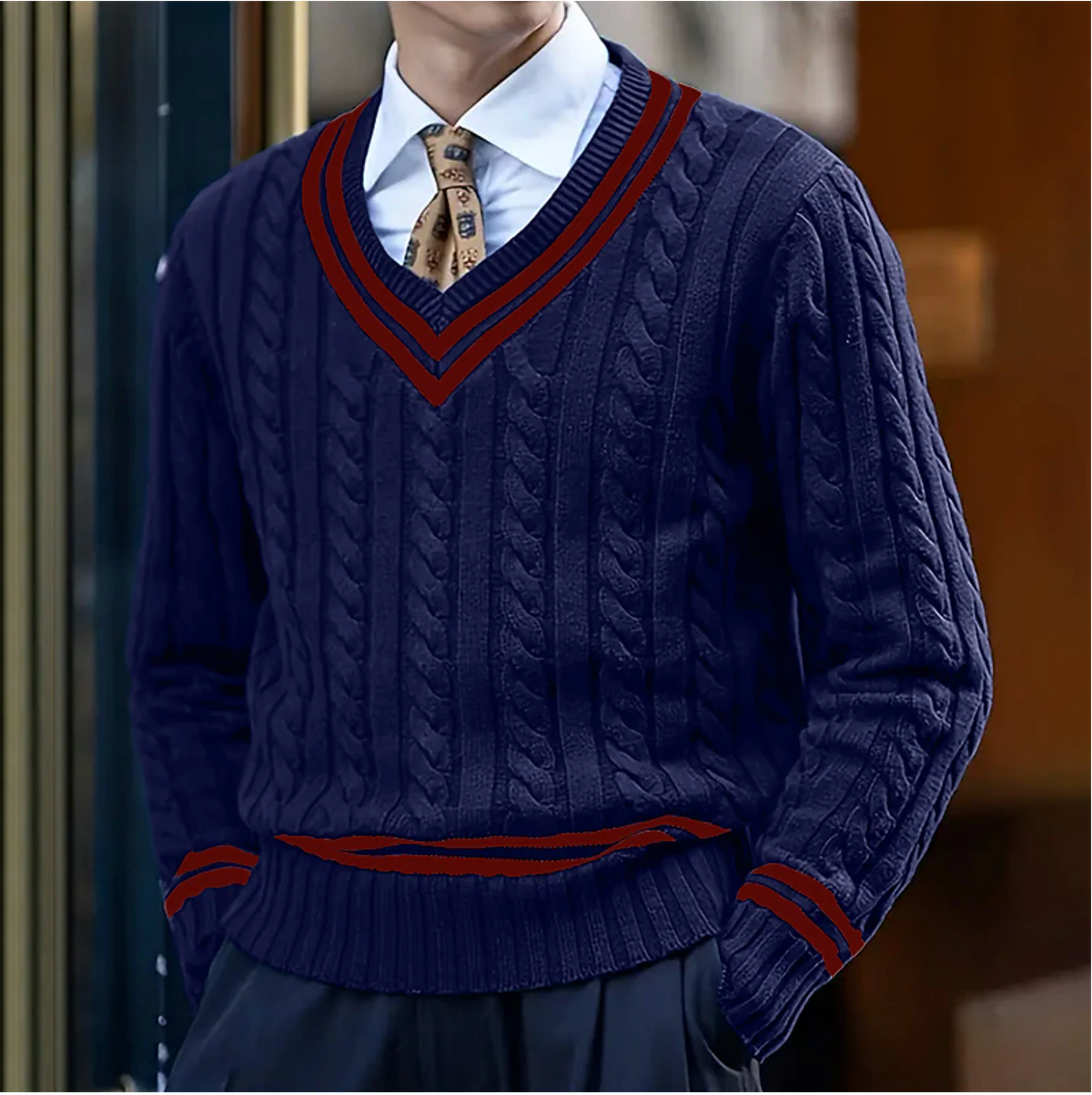 Pull en laine mélangée col en V châle pour homme