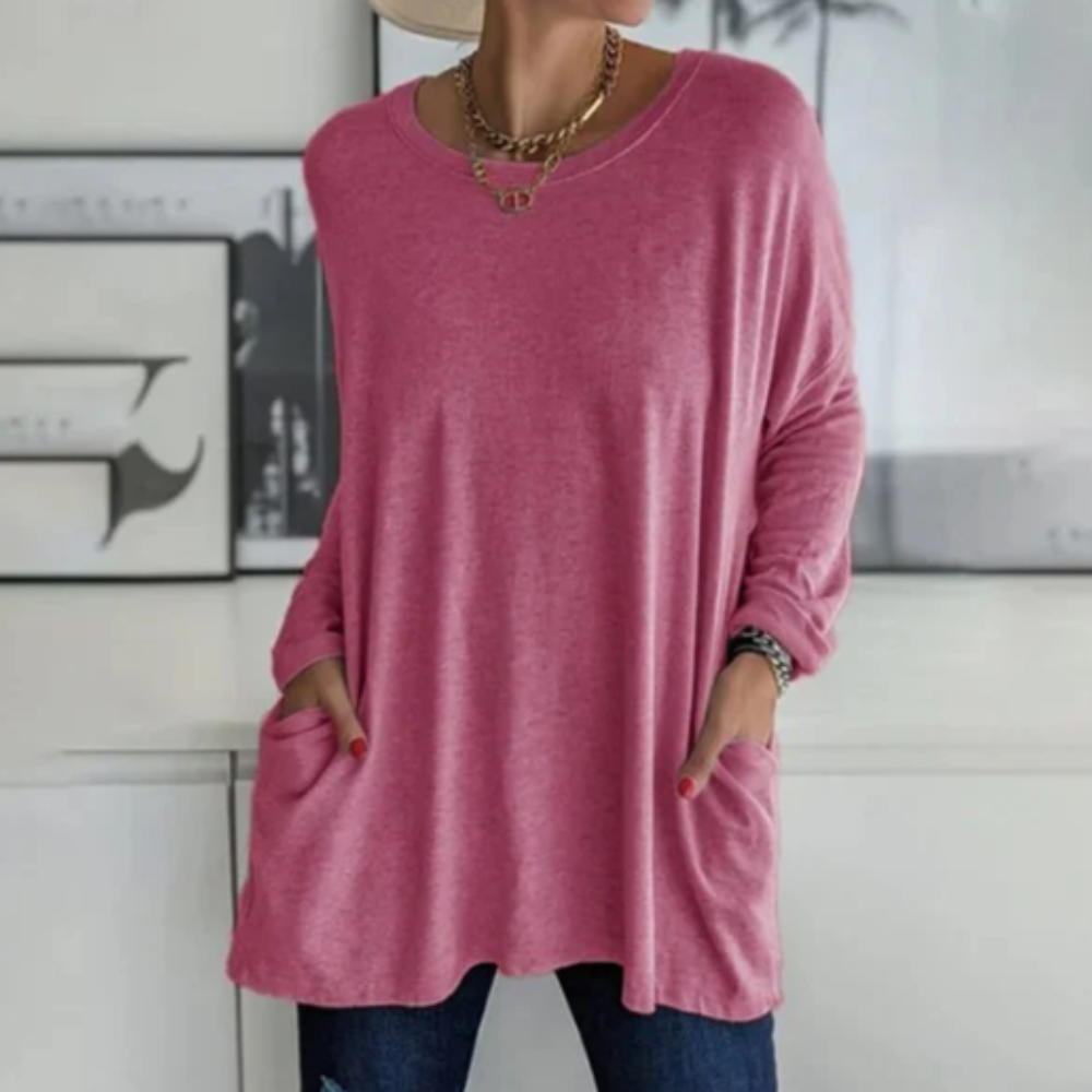 T-shirt Relaxe à Manches Longues Avant-Poches