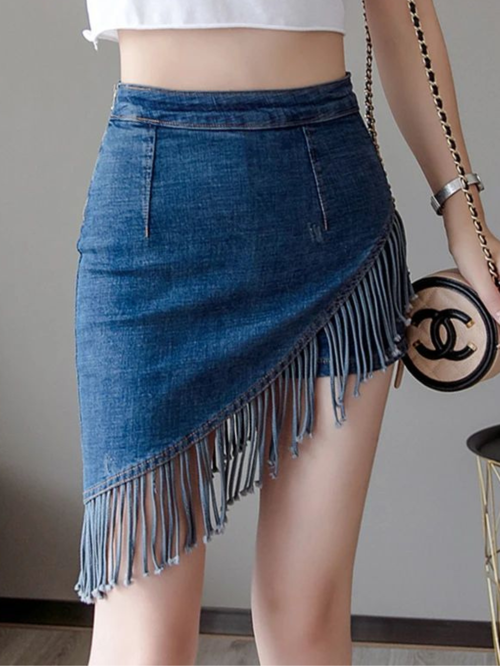 Jupe Jean Court Femme avec Franges & Short Intégré
