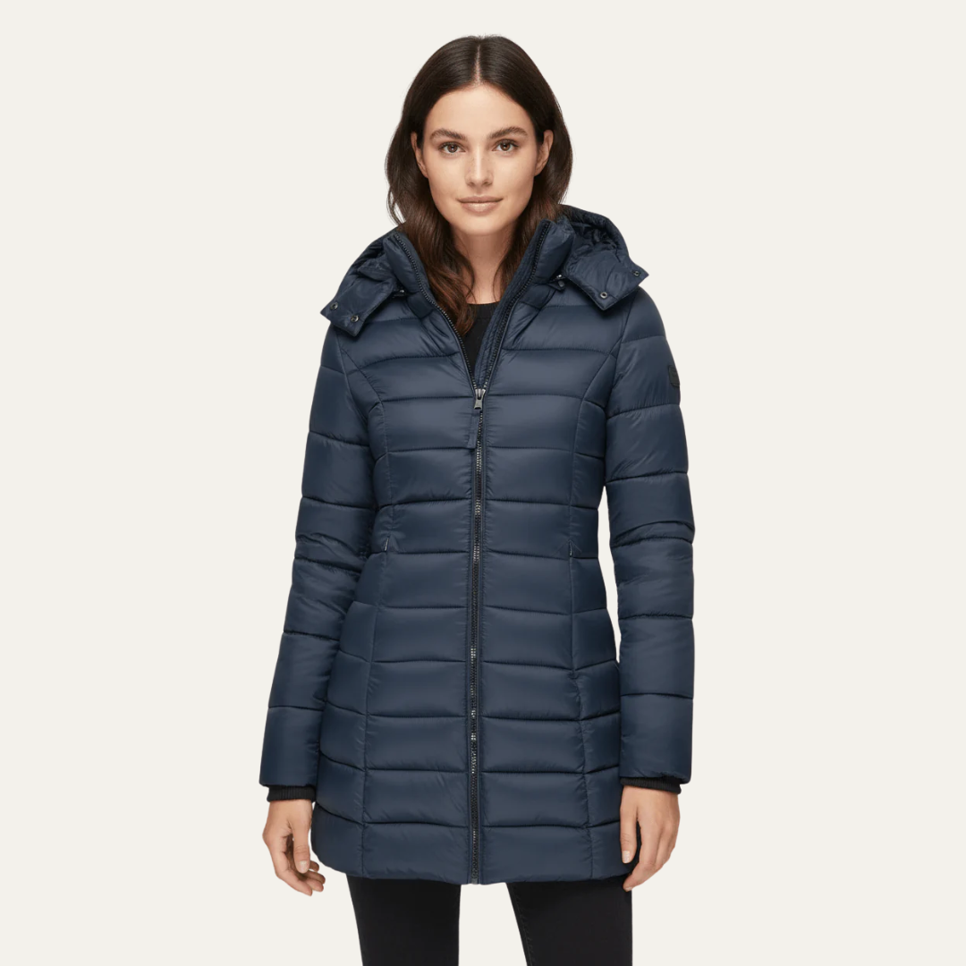 Doudoune mi-longue cintrée à capuche pour femme