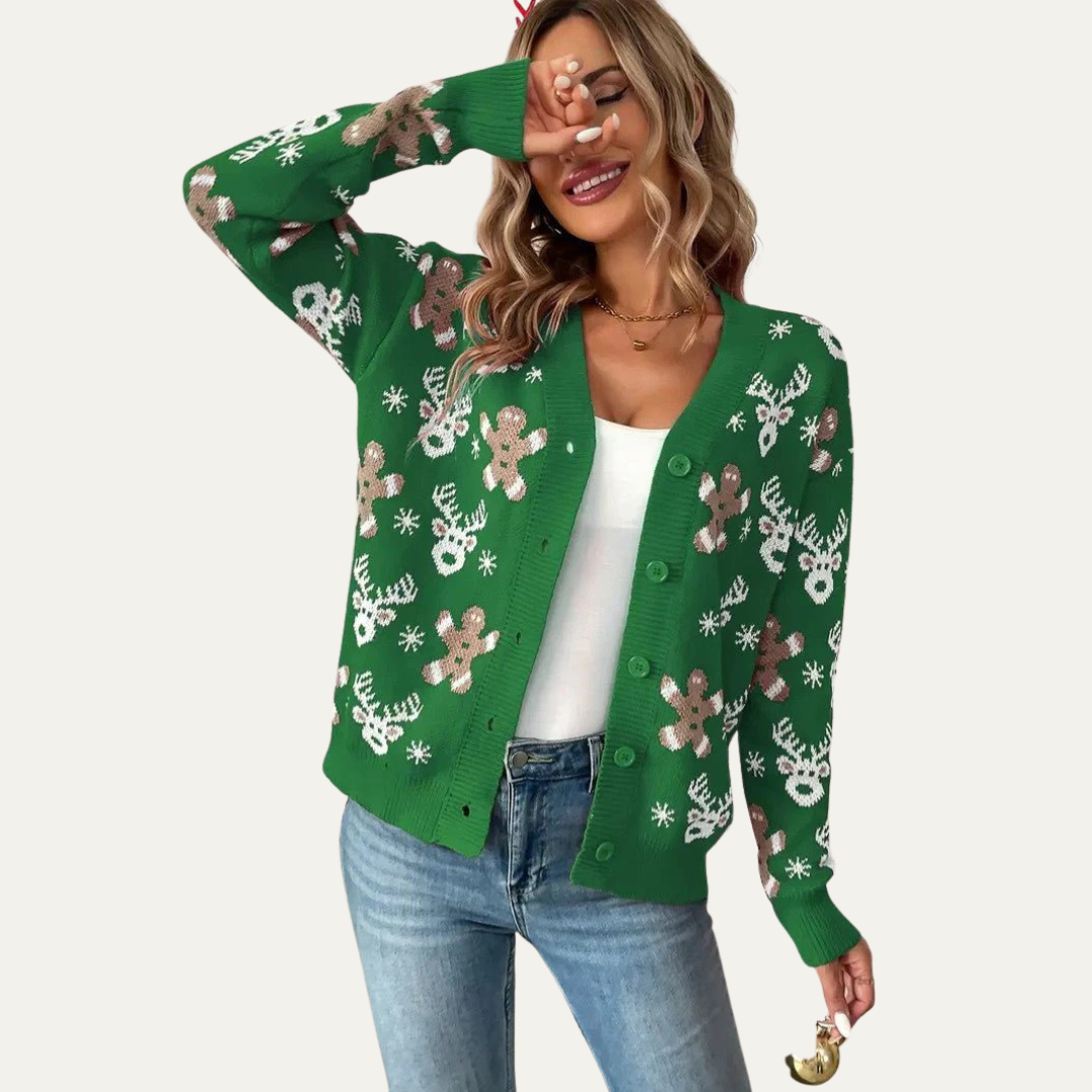 Gilet boutonné en maille à motif pain d'épice pour femme