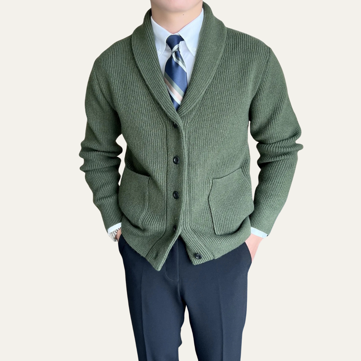 Gilet d'hiver en maille côtelée à col châle pour homme