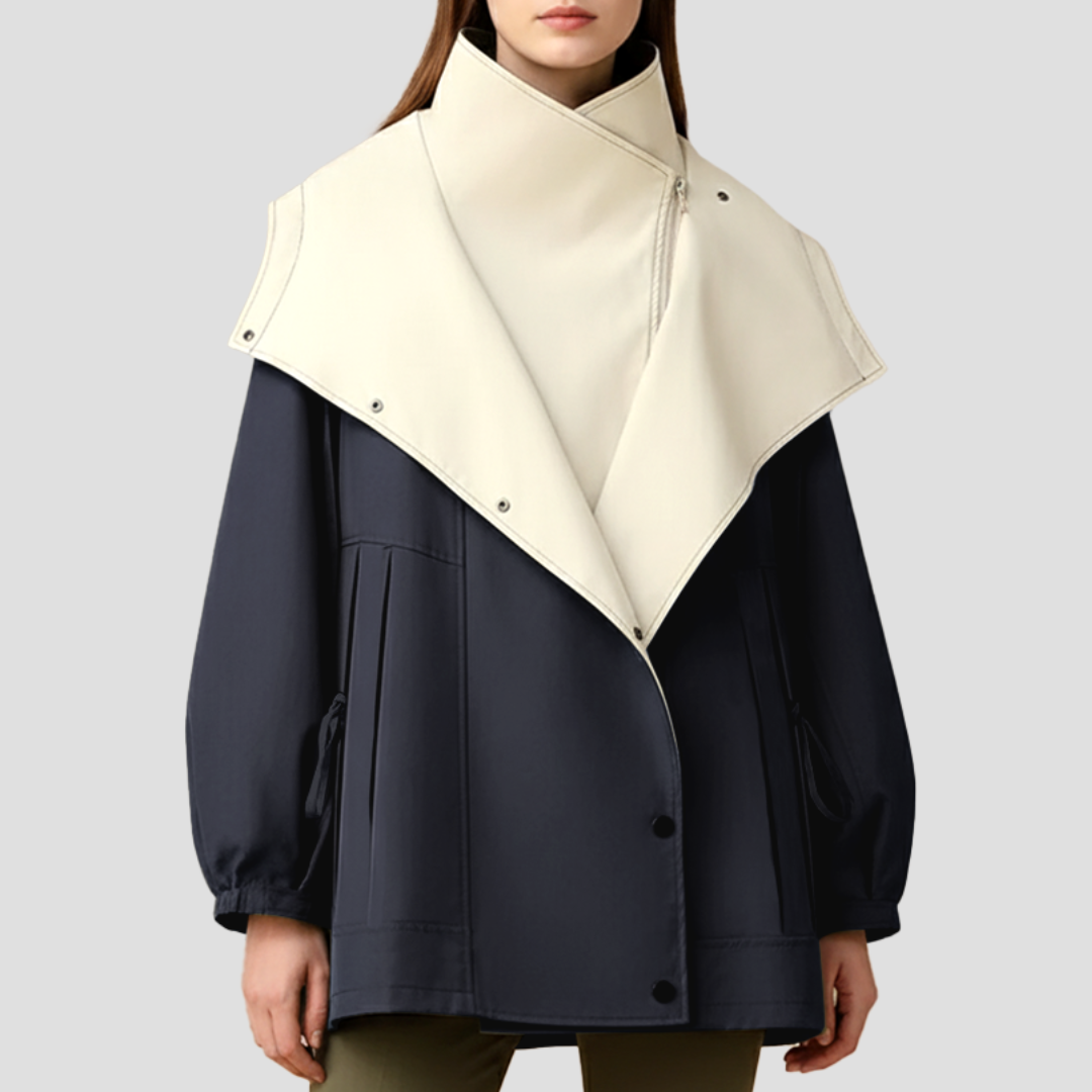 Manteau court à col montant et revers cape pour femme