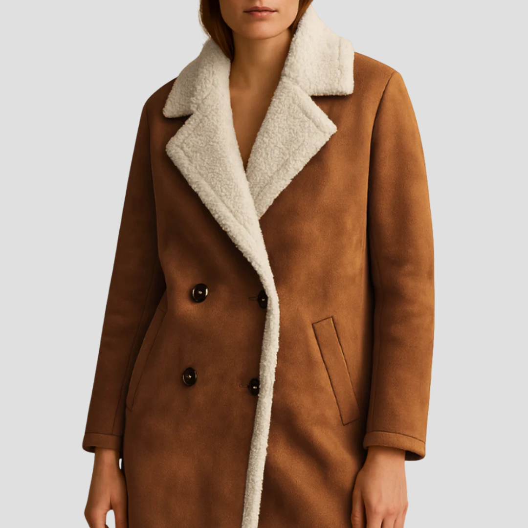 Manteau croisé en daim doublé de peau lainée pour femme