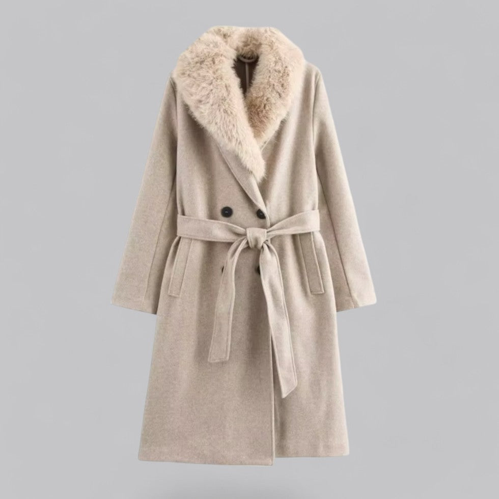 Manteau long ceinturé pour femme avec col en fausse fourrure