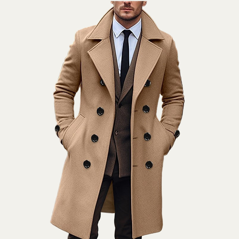 Manteau long croisé pour homme en laine mélangée