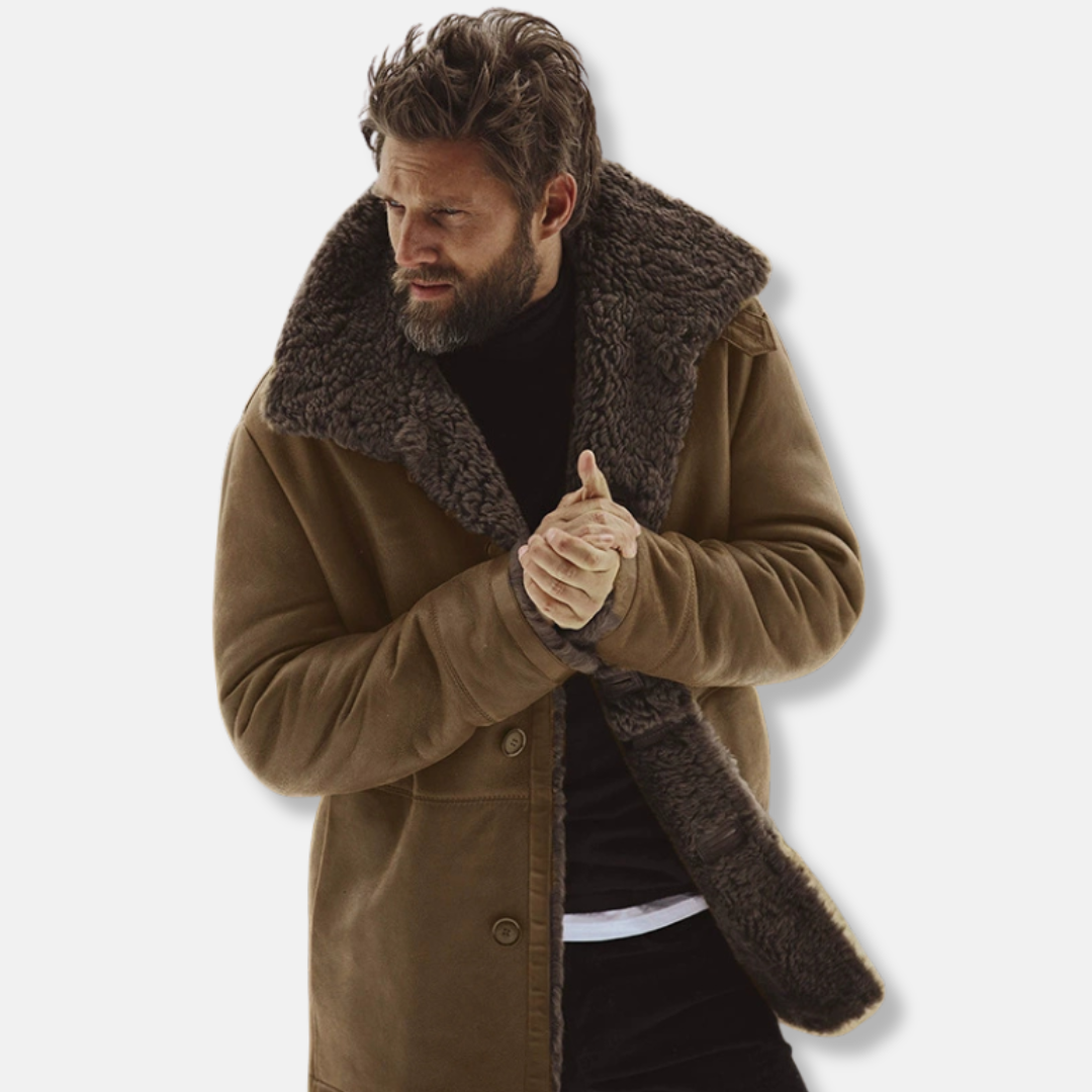 Manteau mi-long pour homme avec bordure en peau lainée