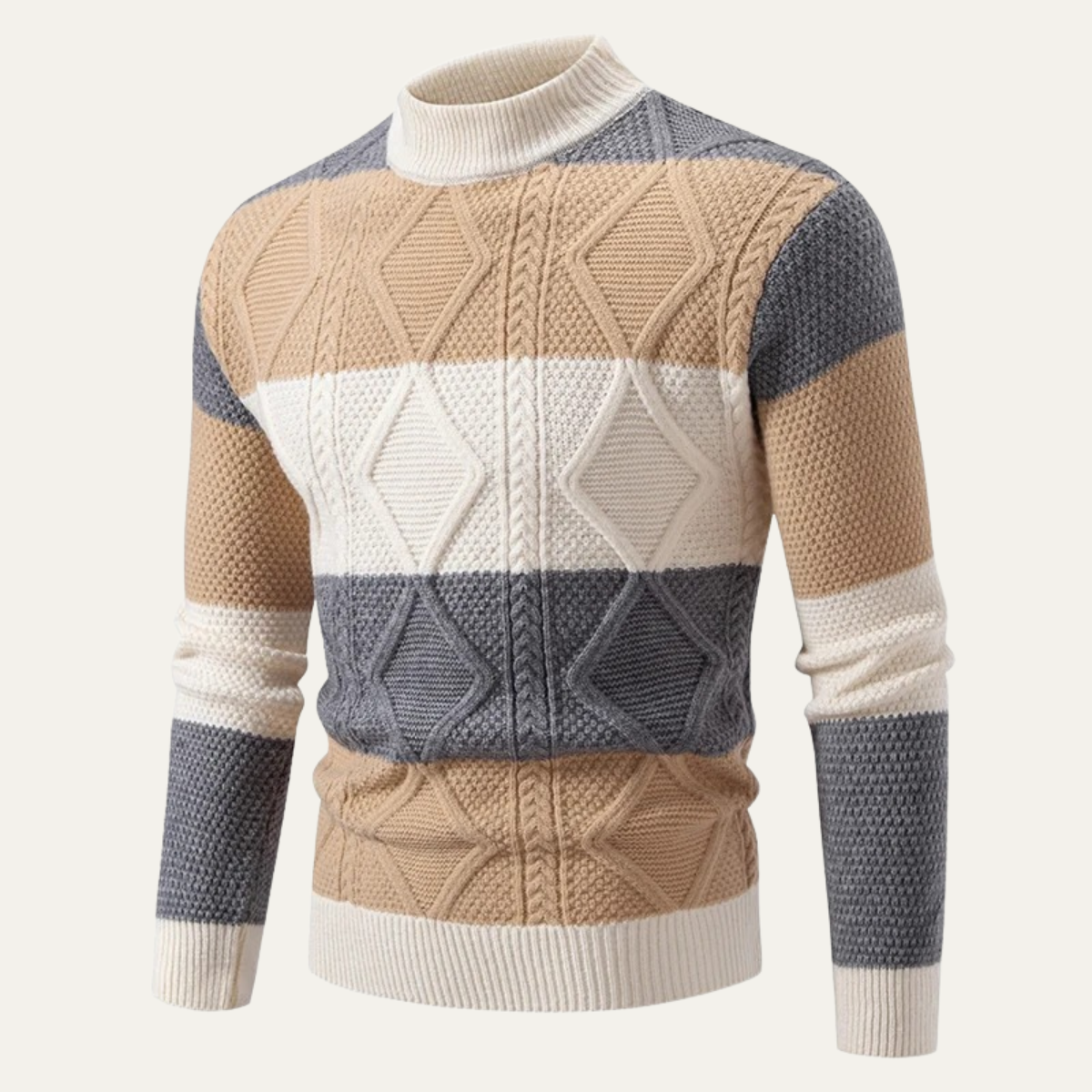 Pull à col roulé en maille torsadée pour homme, color block