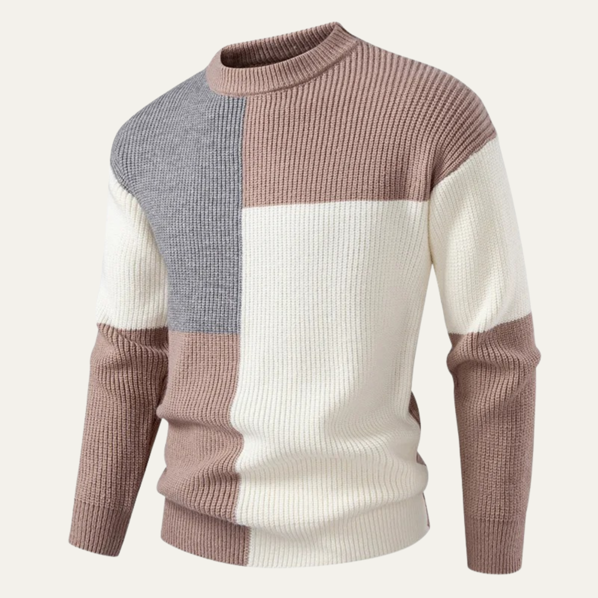 Pull col rond côtelé épais à blocs de couleur pour homme