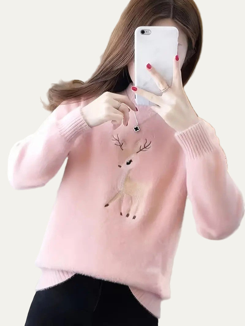 Pull col roulé brodé motif cerf pour femme
