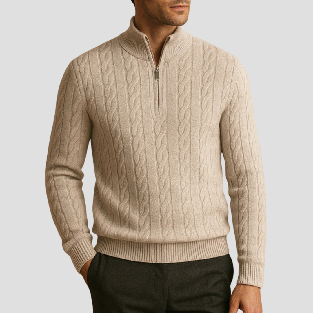 Pull en maille torsadée à col zippé pour homme