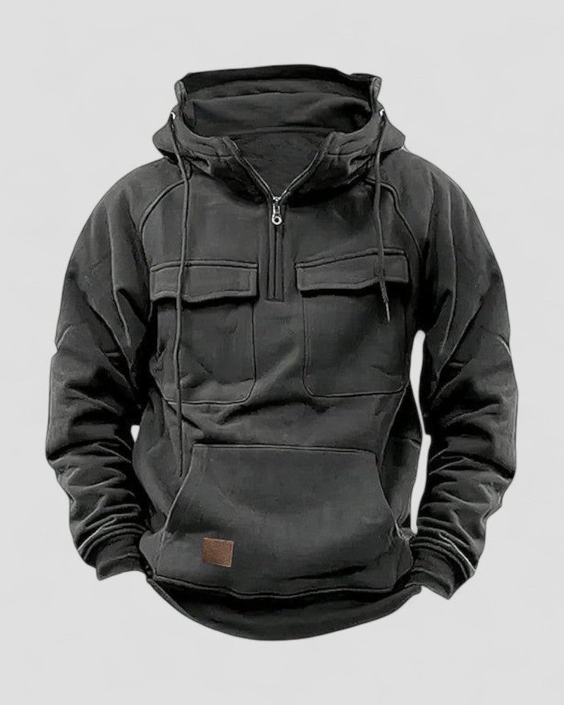 Sweat à capuche demi-zip premium en mélange de coton pour homme, avec poches utilitaires