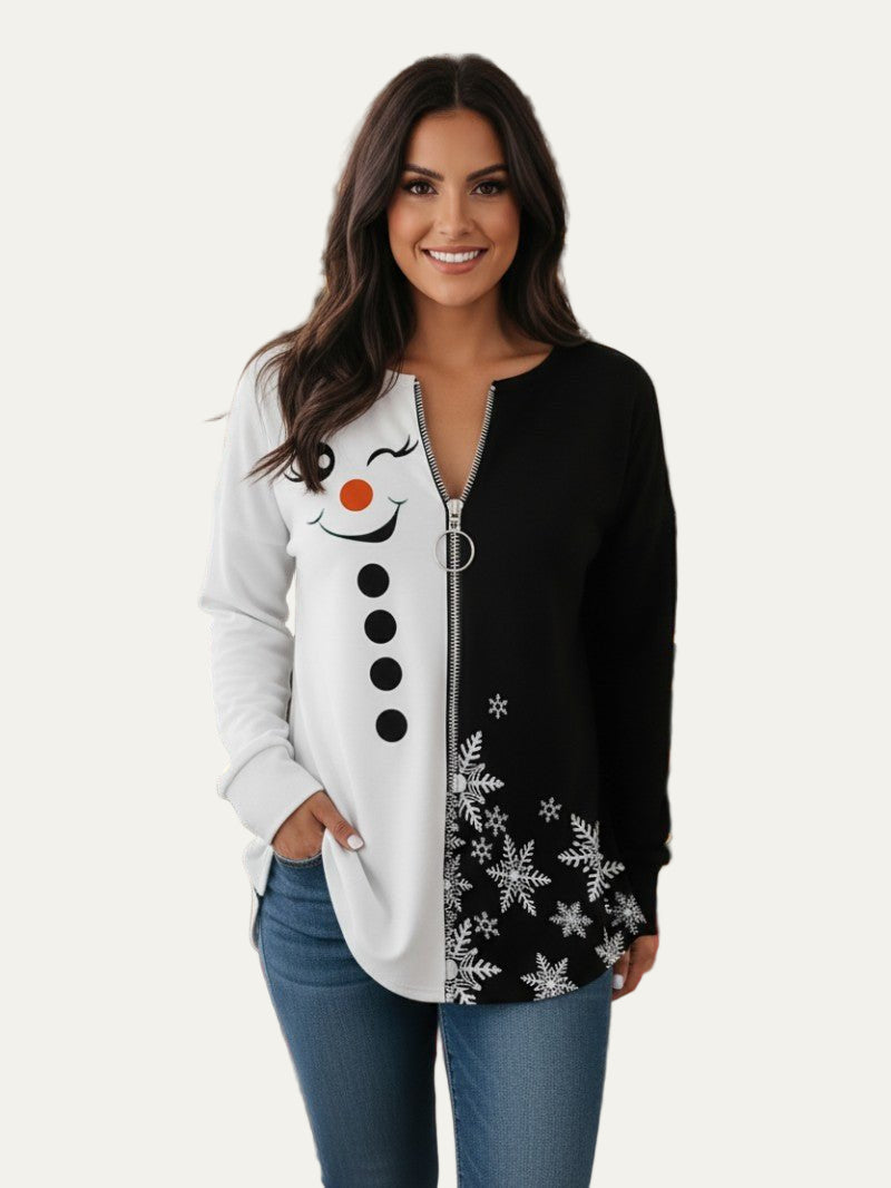 Tunique de Noël à demi-zip pour femme, motif bonhomme de neige fendu