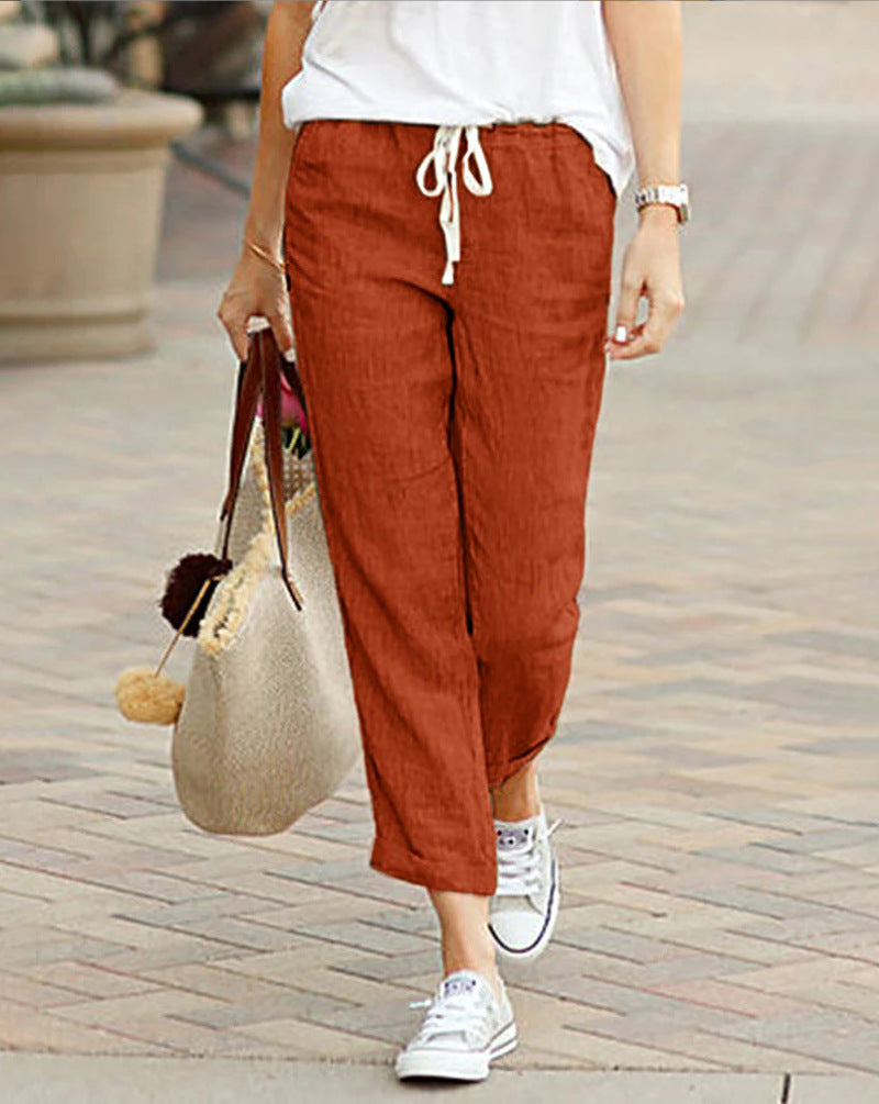 Pantalon Lin Clair Décontracté pour Femme avec Ceinture Élastique