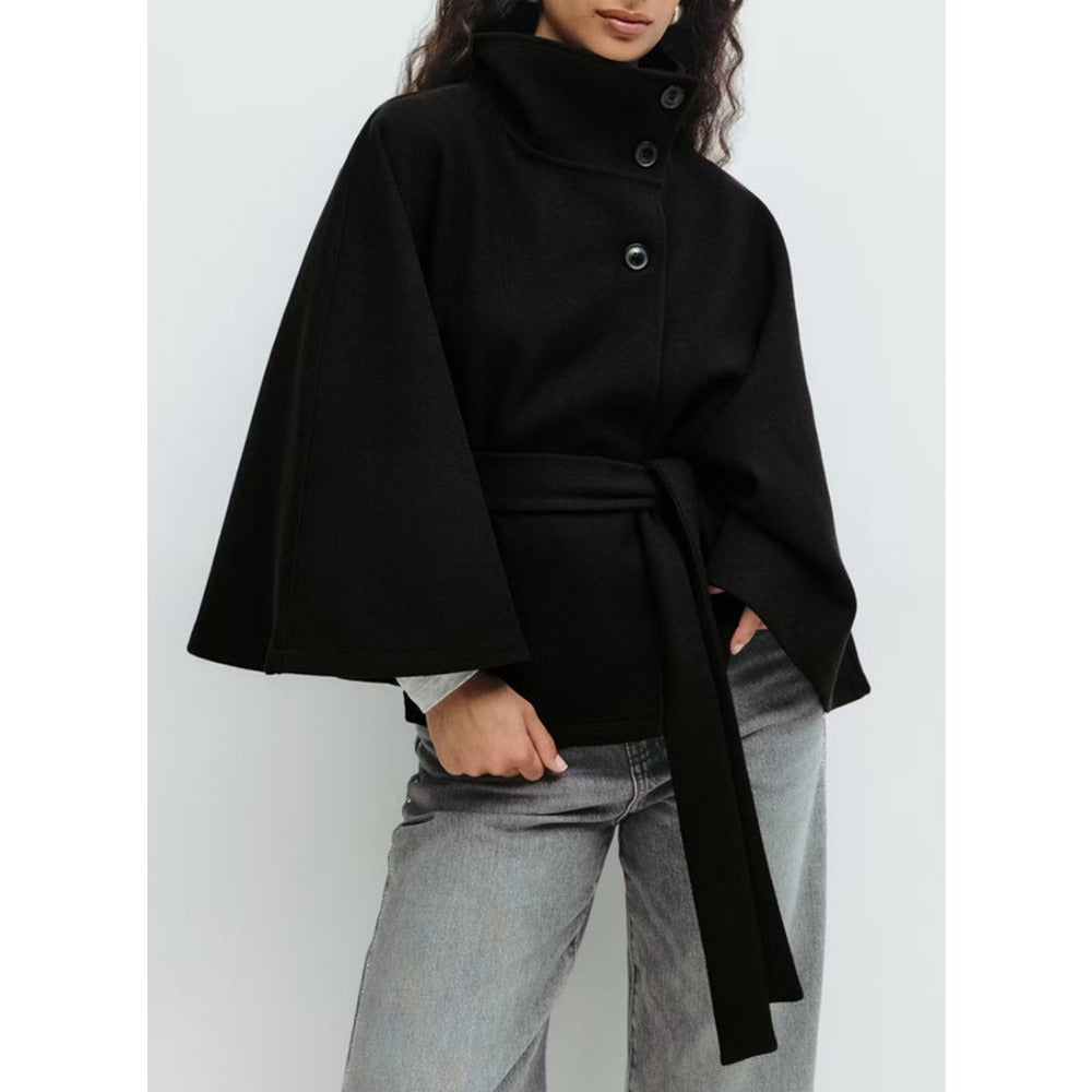 Manteau Cape Élégant Femme – Col Montant & Taille Ajustable pour Hiver