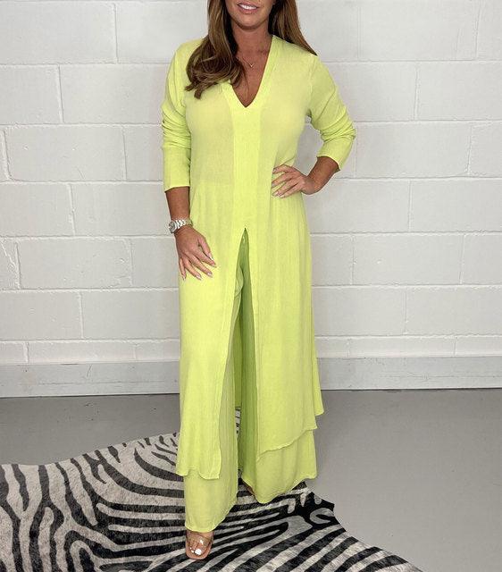 Ensemble Femme 2 Pièces Élégant - Haut Long Fluide avec Pantalon Taille Élevée