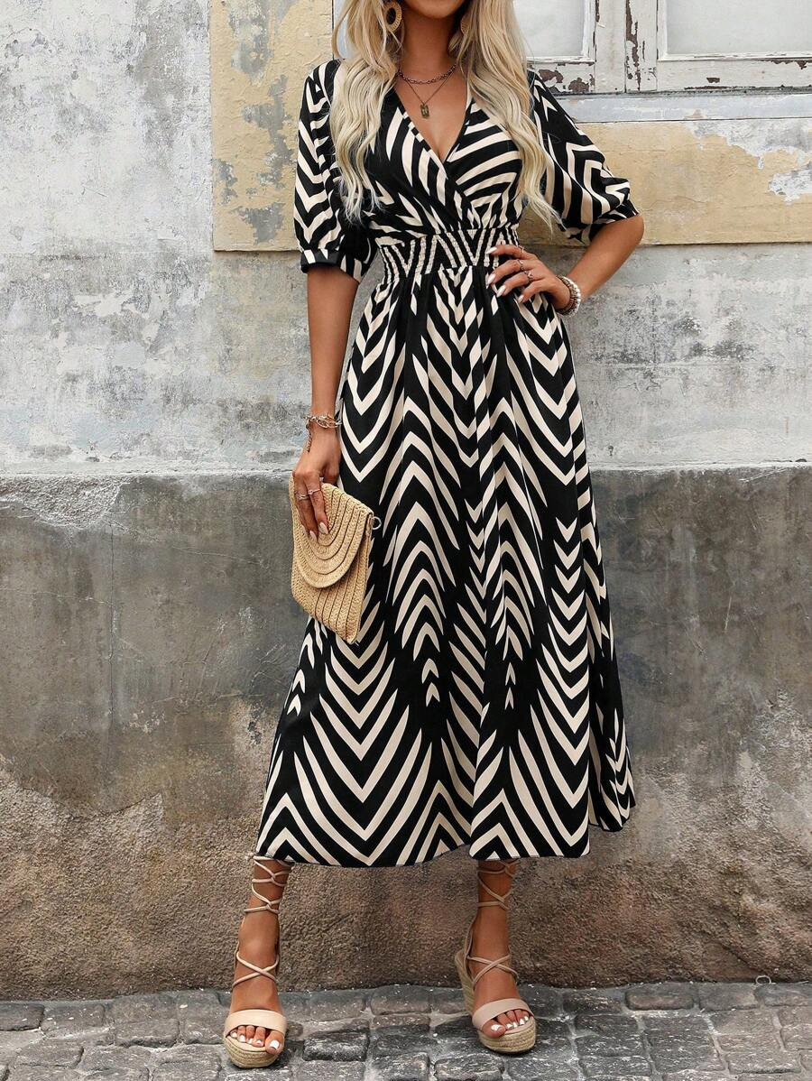 Robe Femme Élégante Longue à Ceinture avec Motif Tendance