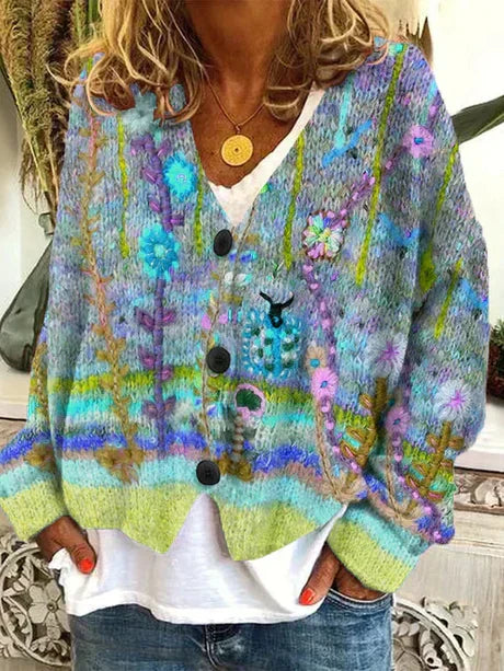 Cardigan Femme Coloré Fleuri Hiver
