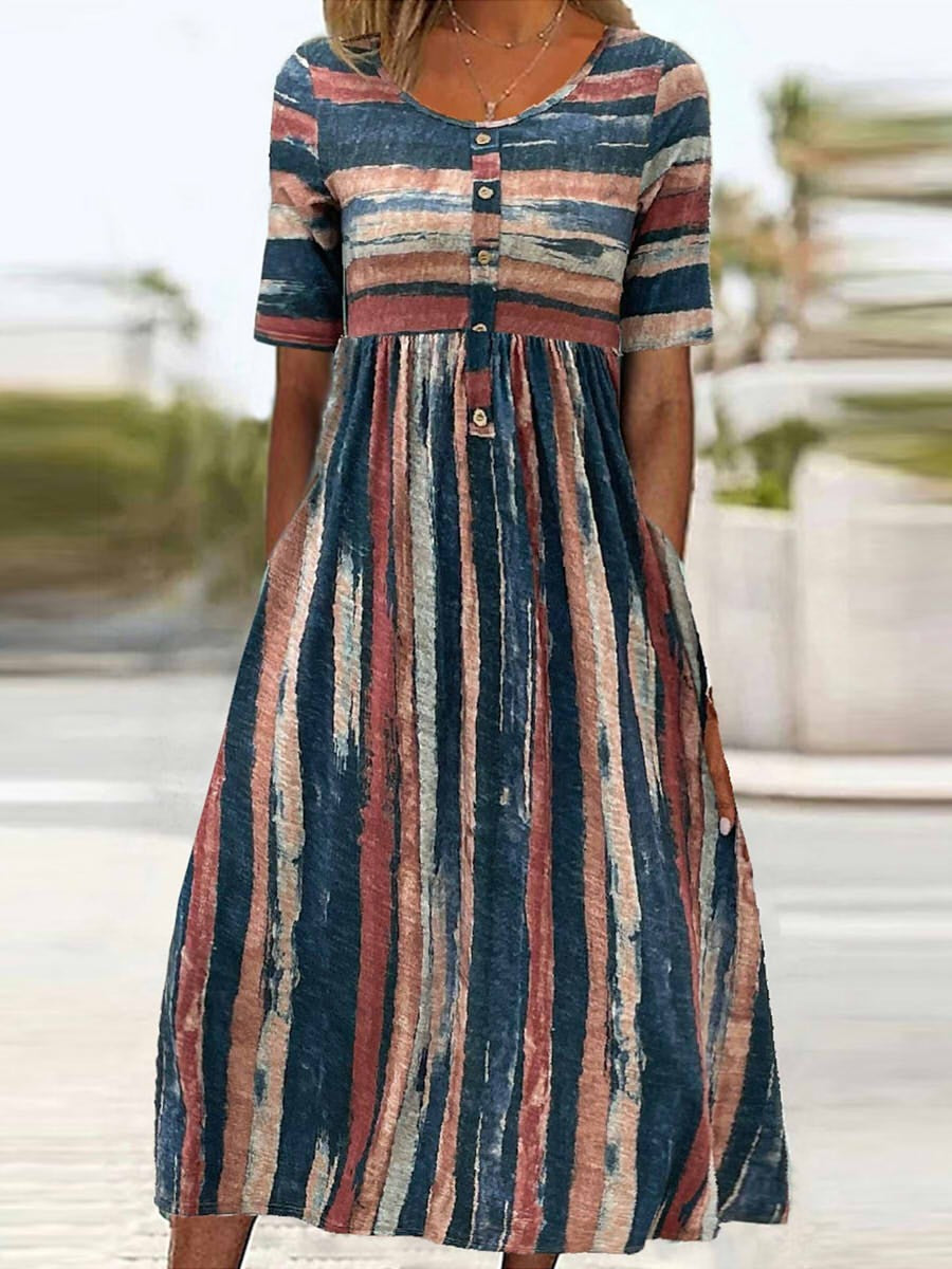 Robe Femme Rayée Élégante – Col Rond & Manches Courtes Détendues - LuxeStyle