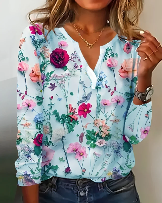 Blouse Femme Élégante Manches Longues Fleurs Colorées
