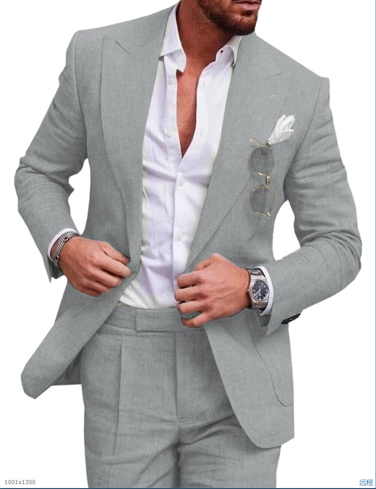 Costume Homme Élégant Lin Beige avec Chemise Blanche Classique