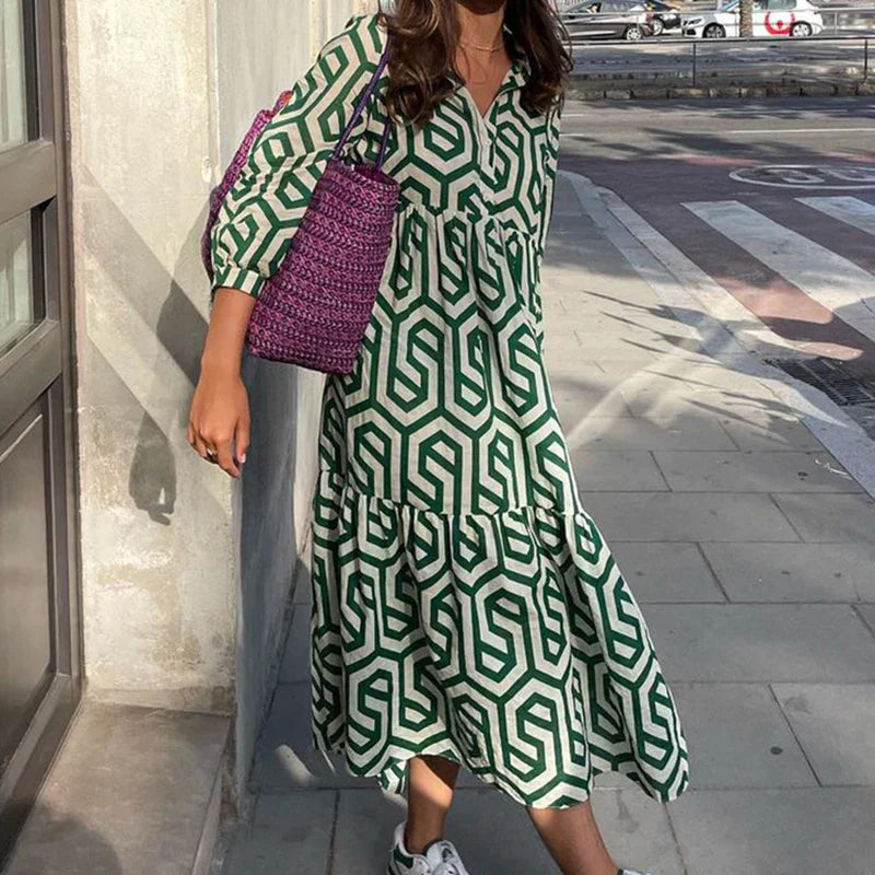 Zeolina™ – Robe Longue Femme Élégante à Manches Longues Design Géométrique