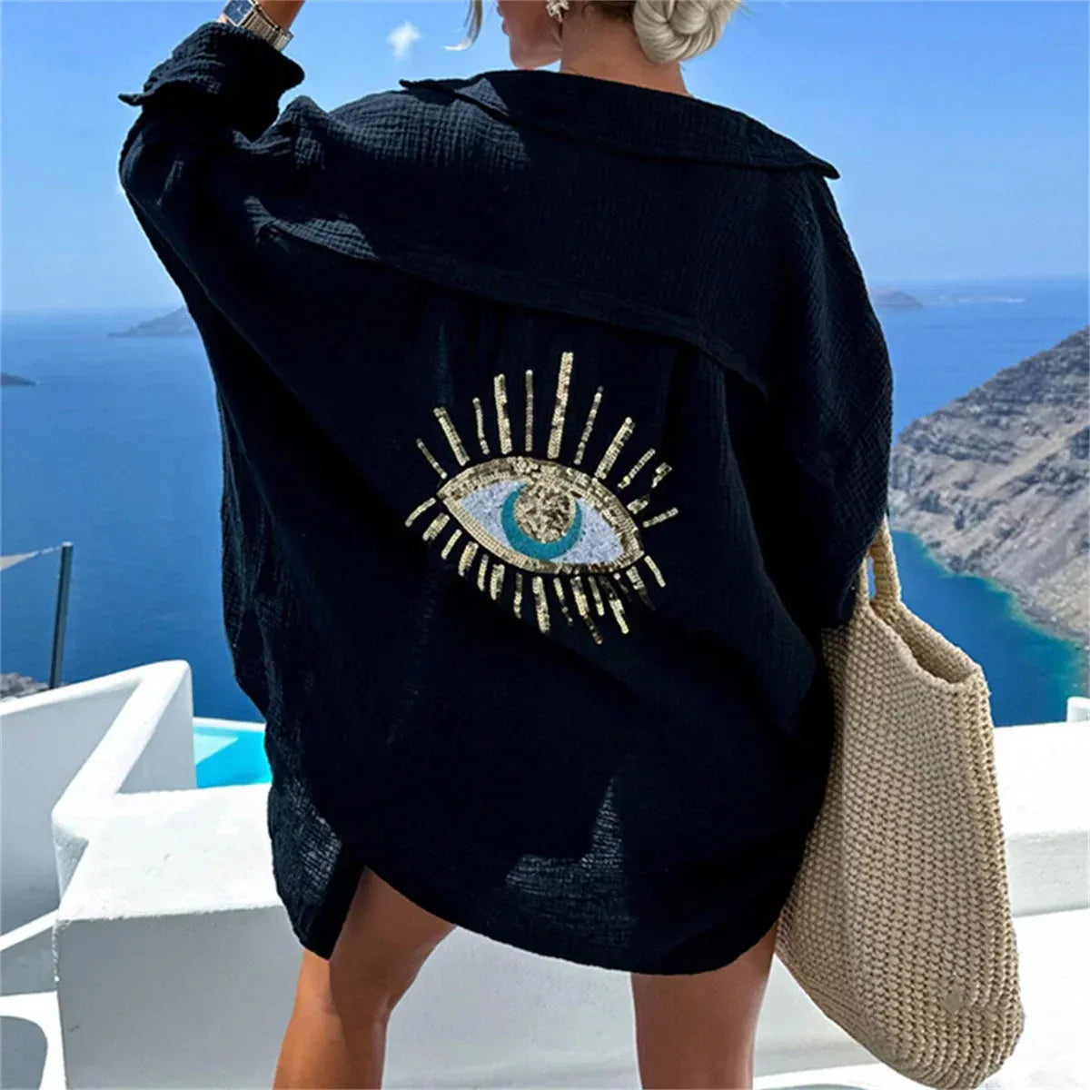 Kimono Femme Élégant Léger avec Broderie Colorée pour Été