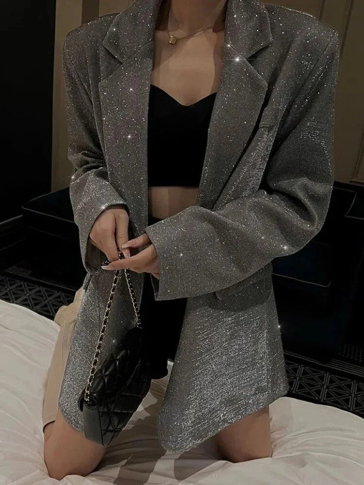 Blazer Élégant Long pour Femme avec Effet Brillant - Parfait pour Soirées Chic