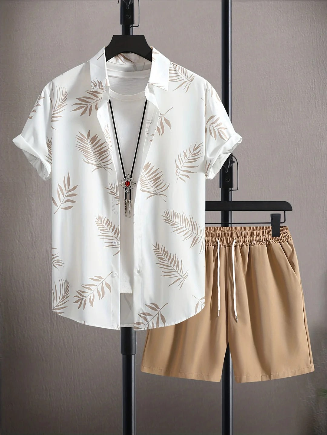 Tenue Été Homme Chemise Floral et Short Lin Beige