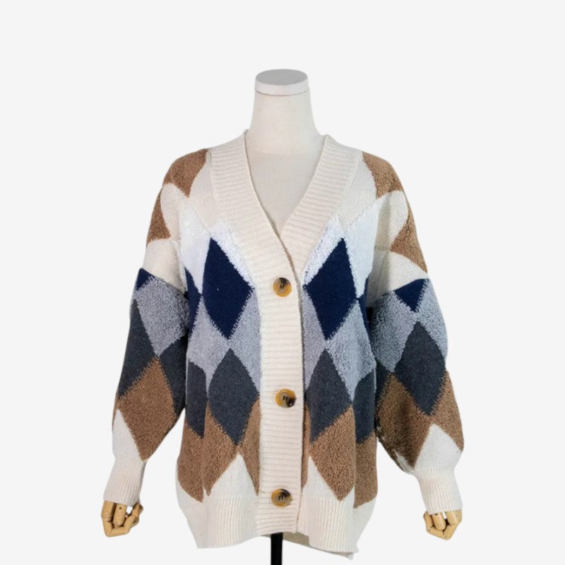 Gilet femme large manches longues col en V boutonné - LuxeStyle