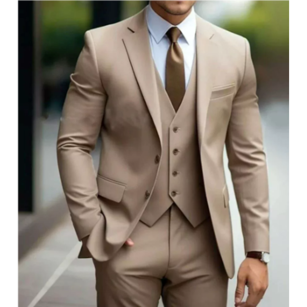 Costume Homme Élégant 3 Pièces Vert Sombre avec Cravate Cognac