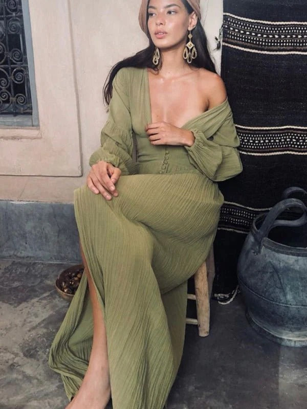 Robe Femme Élégante Manches Longues Col en V Décolleté Profond