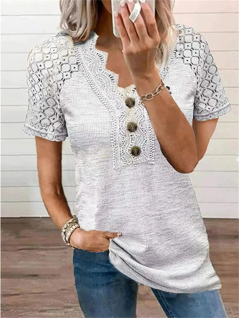 T-shirt Été Femme Décor Dentelle - Coton Doux Manches Courtes