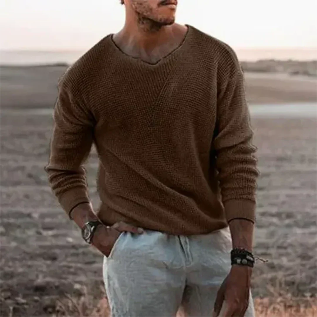 Pull Homme Beige Col V Manches Longues