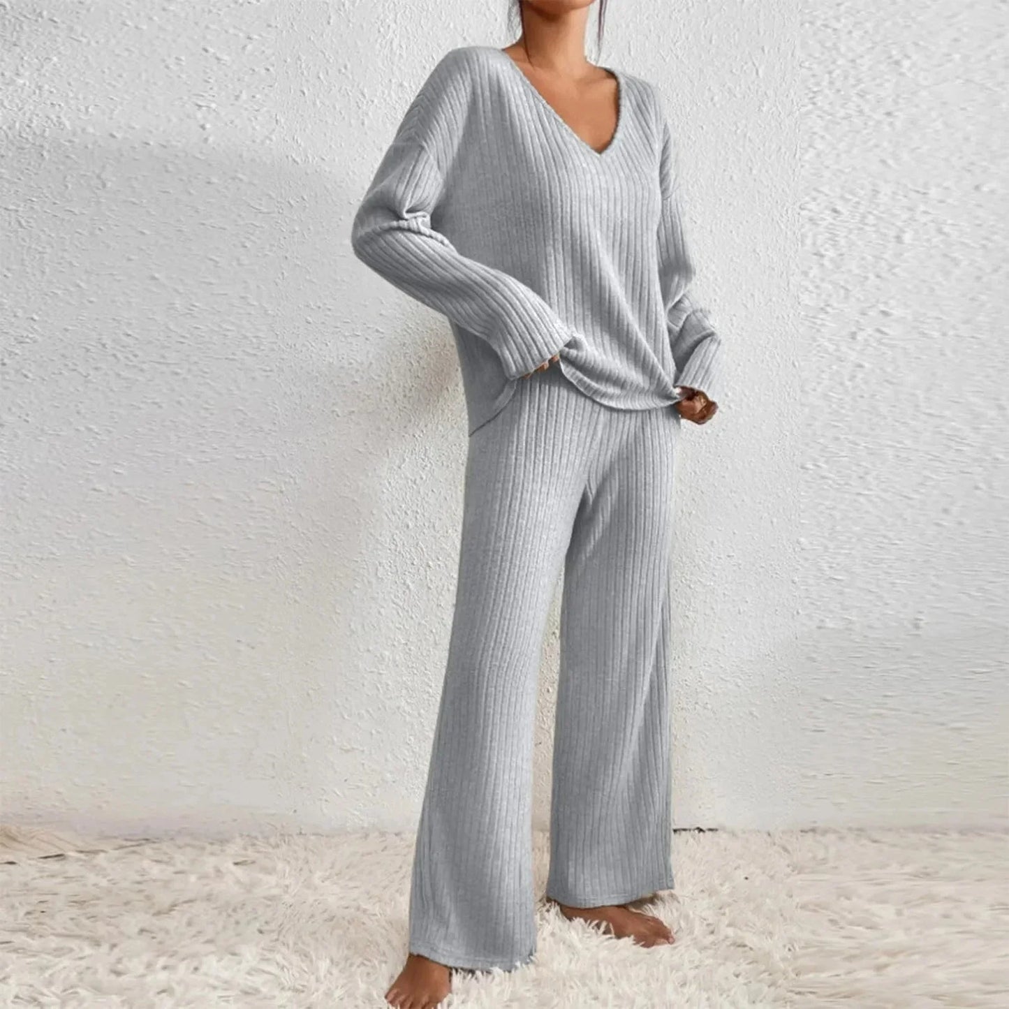 Pyjama Femme Douillet Beige Manches Longues Col Montant