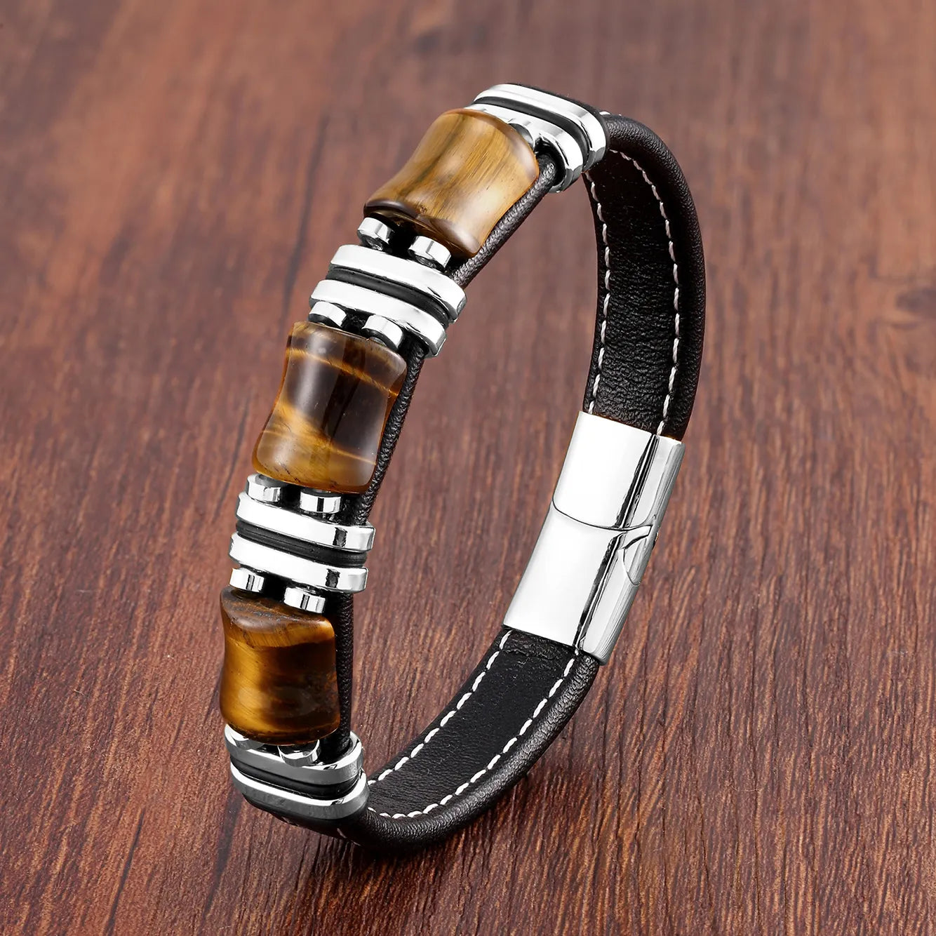 Bracelet Cuir Homme avec Pierre Oeil de Tigre Élégant