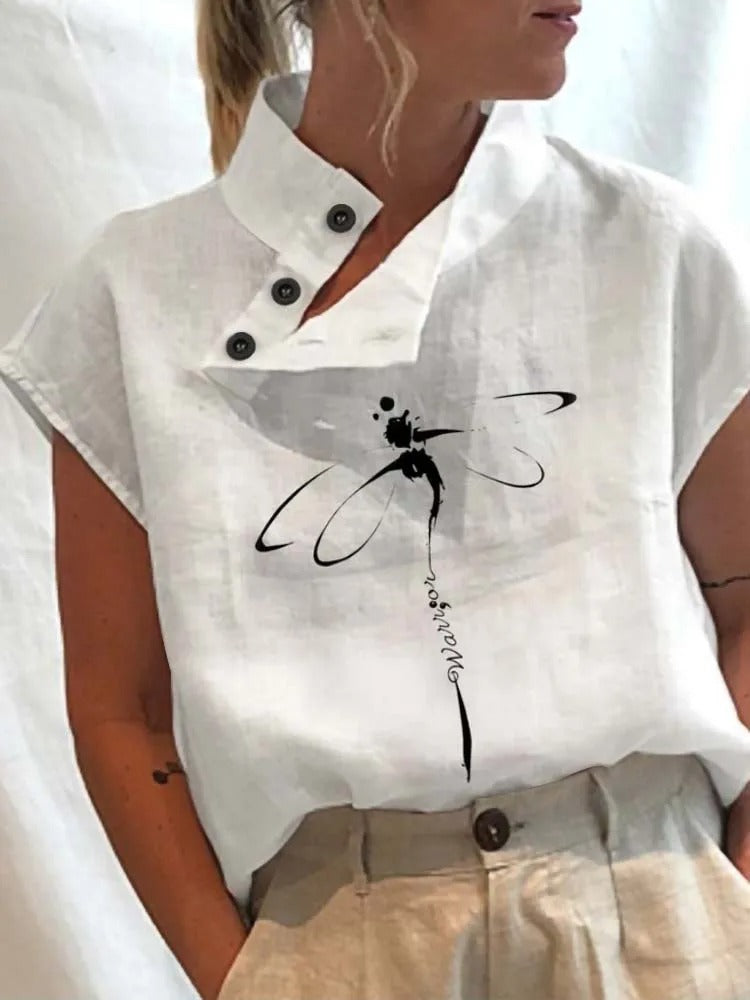 Blouse Féminine Col Montant Fleurs Colorées Boutons