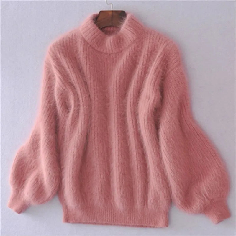 Pull Femme Hiver Rose Doux Col Montant