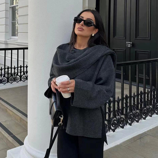 Manteau Femme Élégant Noir avec Col Plissé - LuxeStyle