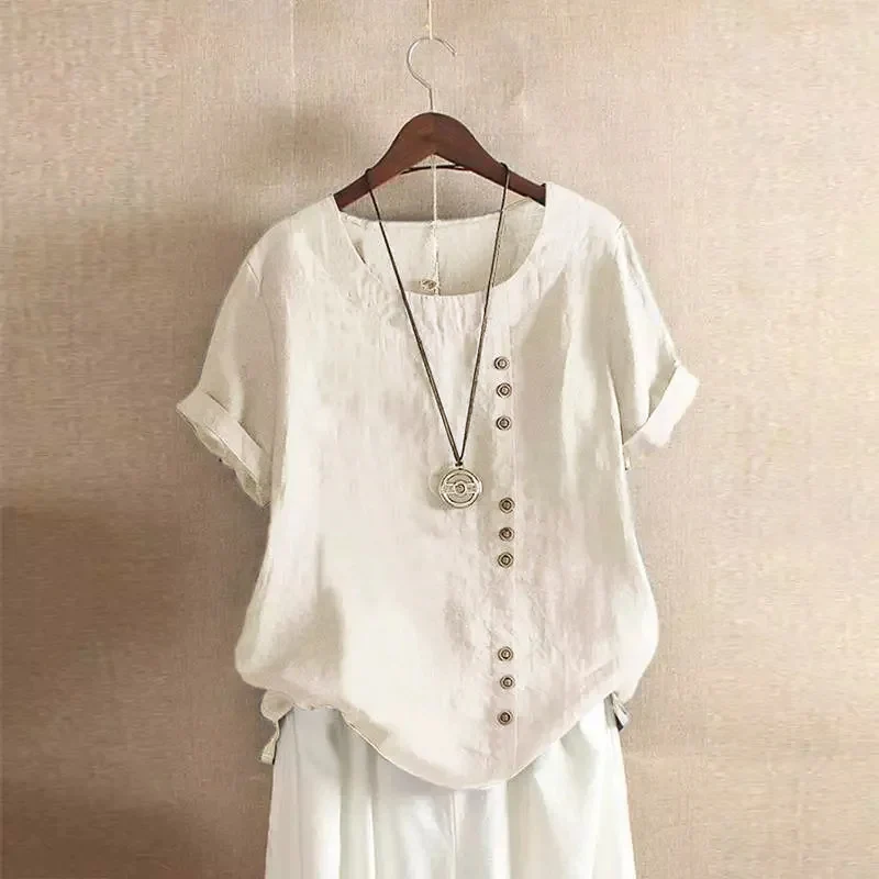 Blouse Femme Lin Rose Élégante Manches Courtes