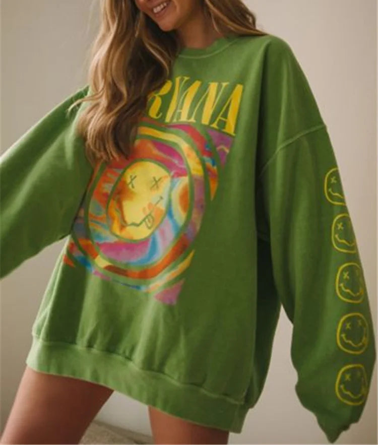 NirvanaStyle™ – Sweatshirt Femme Oversized Confort Doux avec Graphiques Iconiques