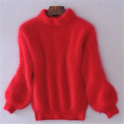 Pull Femme Hiver Rose Doux Col Montant