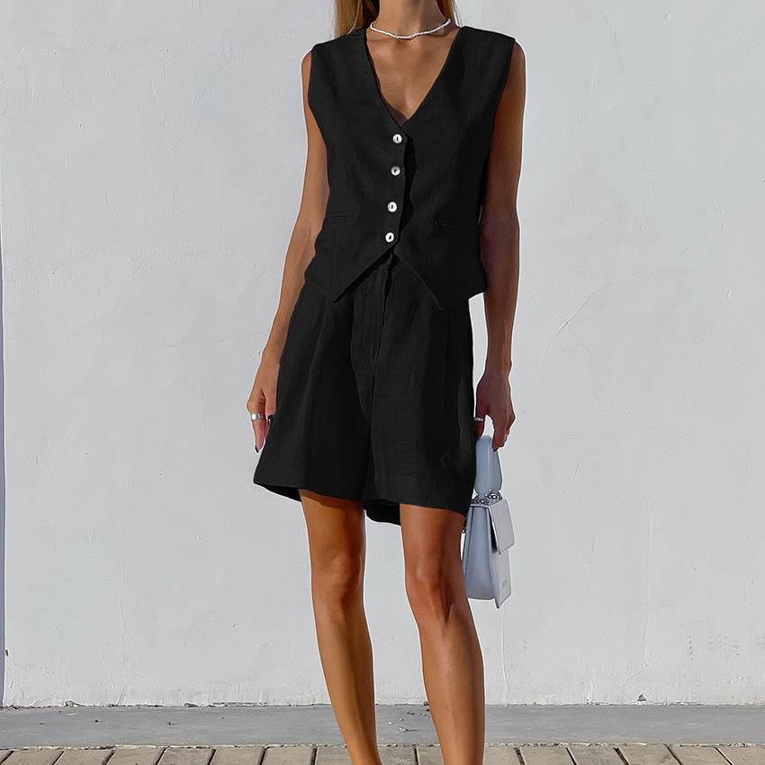 Tenue Été Femme en Lin – Ensemble Décontracté Chic avec Gilet et Short