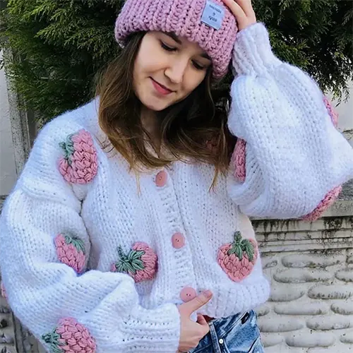 Cardigan Fleuri Tricoté Confortable Mi-Longueur