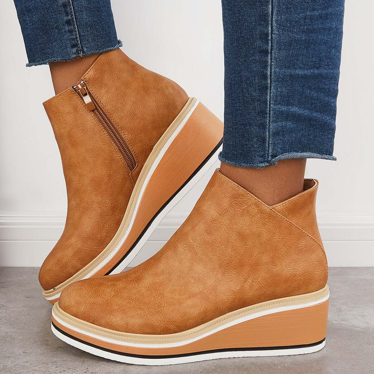Bottines Femme Élégantes – Chaussures à Talon Plat avec Fermeture Éclair, Confort et Résistantes