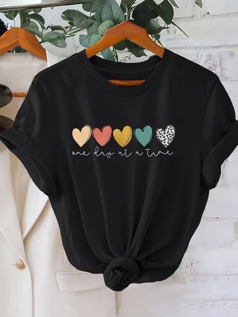 T-Shirt Décontracté à Manches Courtes avec Imprimé Cœurs Colorés pour Femme
