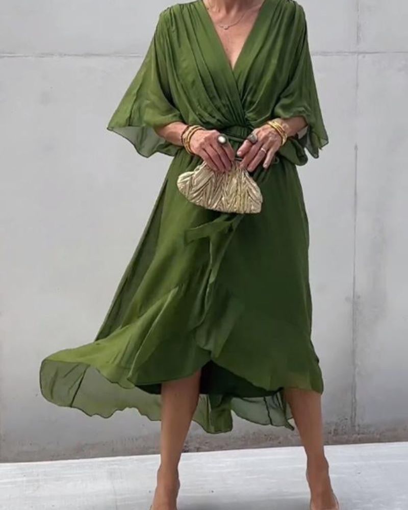 Robe Femme Chic - Robe Élégante Manches Amples avec Ourlet Décalé
