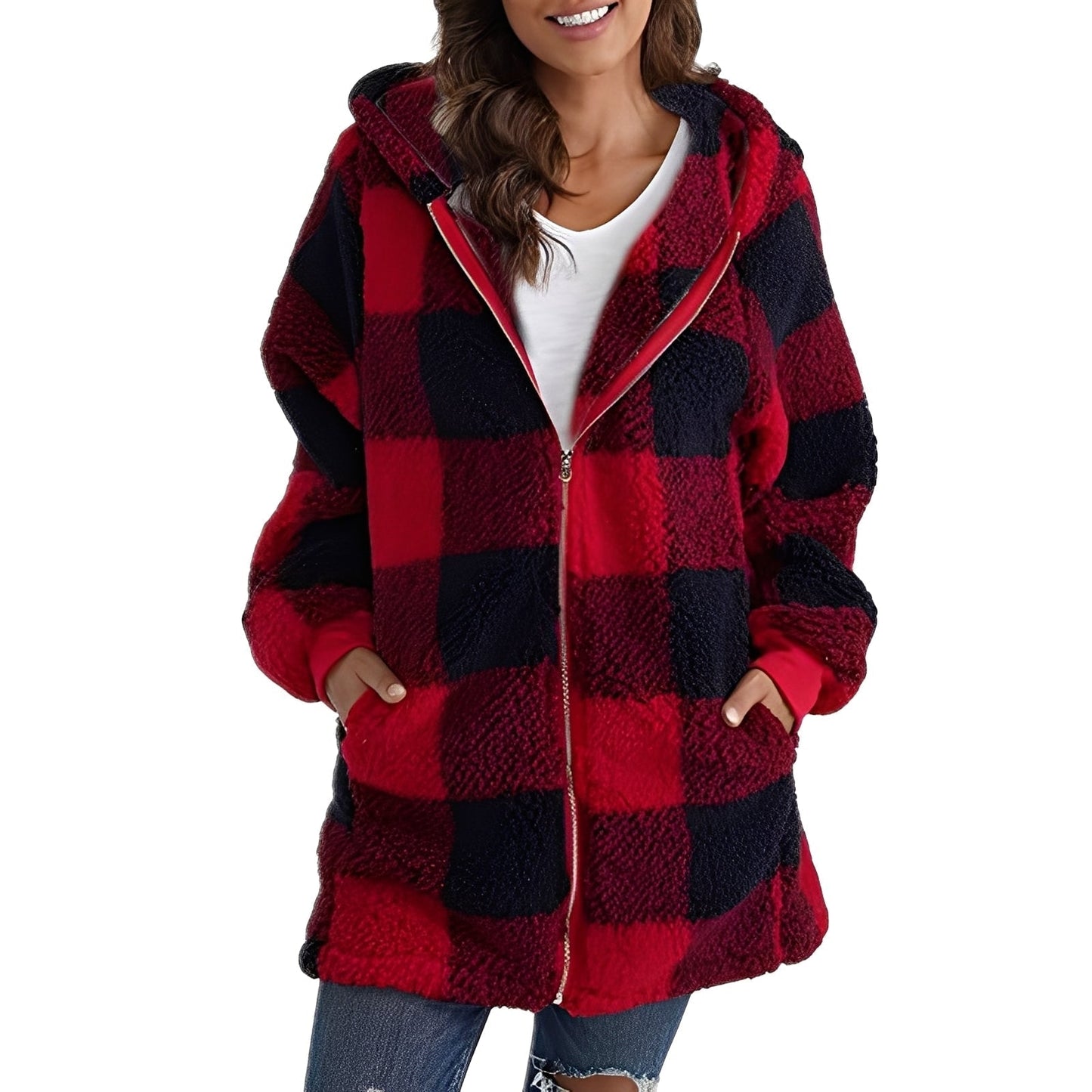 Veste à Capuche Femme Hiver Douce et Chaude à Carreaux